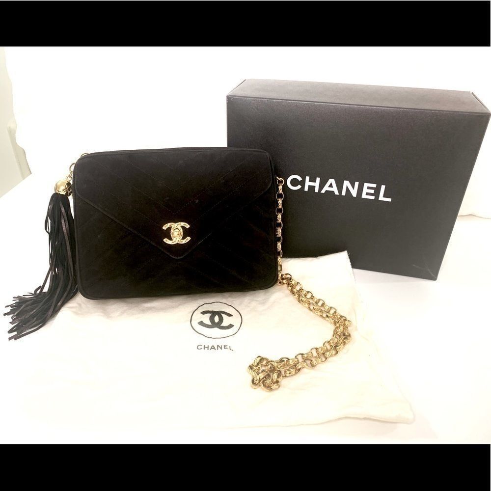 Chanel Vintage Quilted Suede Leather Classic Flap Black Crossbody Bag Gold Chain